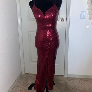 Red sequin plunging neckline spaghetti strap high slit body-con gown